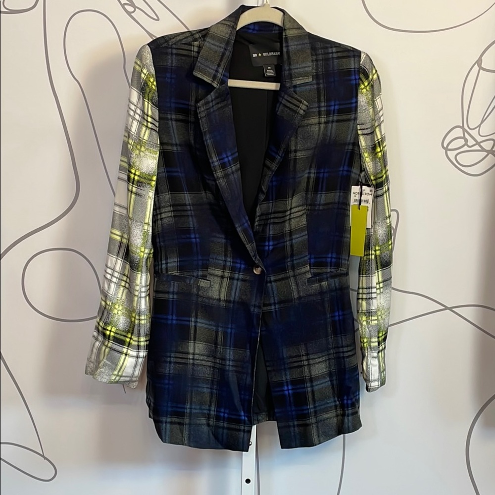 Wildfang Blue and Black Plaid Blazer with yellow accents size XS